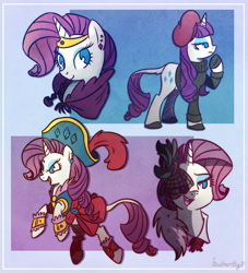 Size: 1280x1411 | Tagged: safe, artist:featherrfly, rarity, pony, unicorn, g4, my little pony: the movie, rarity investigates, sweet and elite, the best night ever, abstract background, beatnik rarity, beret, bust, clothes, cute, dress, fascinator, female, gala dress, hat, leonine tail, mare, multeity, no pupils, open mouth, outfit catalog, pirate, pirate hat, pirate rarity, portrait, raribetes, smiling, solo, sweater