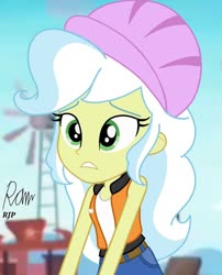 Size: 850x1050 | Tagged: safe, artist:rjp.rammy, ambrosia, cindy block, equestria girls, g4, belt, clothes, equestria girls-ified, female, hard hat, jeans, pants, solo, tank top, vest, windmill
