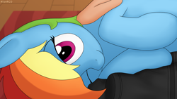 Size: 3840x2160 | Tagged: safe, artist:irisarco, rainbow dash, human, pegasus, pony, g4, beautiful, carpet, clothes, cute, dashabetes, female, high res, hoodie, human on pony snuggling, looking at you, mare, one eye closed, smiling, snuggling, tomboy, wooden floor