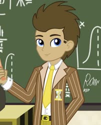 Size: 850x1050 | Tagged: safe, artist:rjp.rammy, doctor whooves, time turner, equestria girls, g4, belt, chalkboard, clothes, coat, desk, equestria girls-ified, jeans, male, math, necktie, pants, shirt, solo