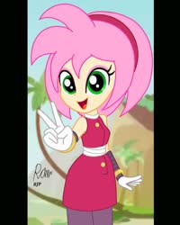 Size: 1080x1350 | Tagged: safe, artist:rjp.rammy, hedgehog, equestria girls, g4, amy rose, bandage, barely eqg related, bracelet, clothes, crossover, dress, equestria girls-ified, eyeshadow, female, gloves, green hill zone, headband, humanized, jewelry, makeup, open mouth, pants, peace sign, solo, sonic boom, sonic the hedgehog (series), tape, wrist tape