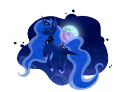 Size: 3325x2527 | Tagged: safe, artist:ayumiiyu, artist:maybeiie, princess luna, alicorn, pony, g4, digital art, eyes closed, female, flying, full moon, high res, mare, mare in the moon, moon, night, simple background, sky, solo, transparent background