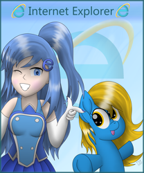 Size: 5000x6000 | Tagged: safe, artist:php124, oc, oc:internet explorer, earth pony, human, pony, browser ponies, duo, finger gun, human and pony, internet explorer, one eye closed, ponified, wink