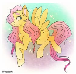 Size: 1024x996 | Tagged: safe, artist:xxparadoxponyxx, fluttershy, pegasus, pony, g4, chest fluff, female, hair over one eye, looking away, looking sideways, mare, missing cutie mark, solo, spread wings, three quarter view, wings
