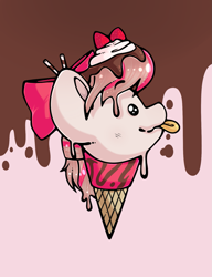 Size: 1291x1684 | Tagged: safe, artist:betawolfs, angel wings, food pony, ice cream pony, pegasus, pony, g4, bow, chocolate, female, food, hair bow, ice cream, ice cream cone, mlem, ponified, silly, solo, straw, strawberry, tongue out, whipped cream
