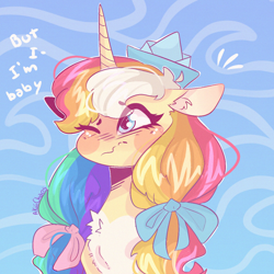 Size: 1080x1080 | Tagged: safe, artist:akiiichaos, oc, oc only, oc:paper sailor, pony, unicorn, blushing, bow, bust, chest fluff, cute, ears back, female, hair bow, hat, mare, one eye closed, paper boat, paper hat, pigtails, portrait, sad, solo, speech, talking, twintails