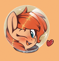 Size: 1209x1241 | Tagged: safe, artist:rexyseven, oc, oc only, oc:rusty gears, pony, blushing, bust, cracked, cracks, female, freckles, heart, helmet, looking at you, mare, one eye closed, portrait, simple background, solo, wink