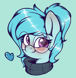 Size: 1209x1241 | Tagged: safe, artist:rexyseven, oc, oc only, oc:whispy slippers, earth pony, pony, blushing, bust, clothes, female, glasses, heart, looking at you, mare, portrait, simple background, solo, sweater, turtleneck