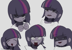 Size: 871x613 | Tagged: safe, artist:ceitama, twilight sparkle, equestria girls, g4, angry, derp, eyes closed, humanized, sharp teeth, simple background, sweat, teeth