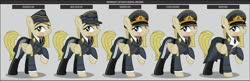 Size: 1600x517 | Tagged: safe, artist:brony-works, oc, oc only, earth pony, pegasus, pony, boots, clothes, earth pony oc, eyelashes, female, general, hat, helmet, luftwaffe, mare, nazi germany, raised hoof, reference sheet, shoes, simple background, smiling, solo, uniform, world war ii