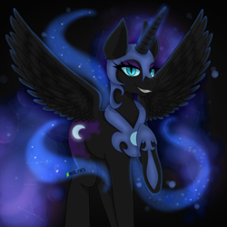 Size: 864x864 | Tagged: safe, artist:chippiepuff, edit, editor:childofthenight, nightmare moon, alicorn, pony, g4, cute, fangs, female, looking at you, mare, raised hoof, signature, smiling, spread wings, wings