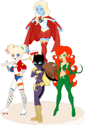 Size: 2600x3792 | Tagged: safe, artist:j053ph-d4n13l, oc, oc only, oc:barbat gordon, oc:har-harley queen, oc:kara krypta, oc:poison ivy (ice1517), equestria girls, g4, abs, belly button, belt, blushing, boots, bra, cape, clothes, commission, crop top bra, ear piercing, earring, equestria girls-ified, eyeshadow, female, fishnet stockings, gloves, hammer, heart eyes, heterochromia, high res, jacket, jersey, jewelry, leather jacket, lipstick, makeup, mallet, mask, midriff, miniskirt, multicolored hair, pants, peace sign, piercing, pouch, roller skates, shirt, shoes, shorts, simple background, skirt, socks, t-shirt, tattoo, thigh boots, thigh highs, thigh socks, transparent background, underwear, varsity jacket, vine, wingding eyes