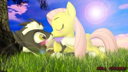 Size: 1920x1080 | Tagged: safe, artist:sky chaser, fluttershy, oc, oc:wolfy, hybrid, pegasus, pony, wolf, g4, 3d, blushing, canon x oc, female, kissing, male, shipping, source filmmaker, straight
