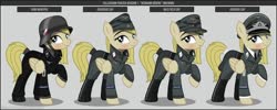 Size: 1280x512 | Tagged: safe, artist:brony-works, oc, oc only, earth pony, pony, boots, clothes, earth pony oc, eyelashes, female, hat, helmet, hermann göring division, luftwaffe, mare, nazi germany, raised hoof, reference sheet, shoes, smiling, solo, uniform, world war ii