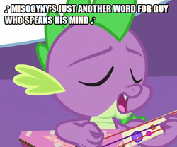 Size: 602x500 | Tagged: safe, edit, edited screencap, editor:thor-disciple, screencap, spike, dragon, g4, my little pony best gift ever, caption, cropped, eyes closed, female, guitar, image macro, kris kristofferson, male, meme, misogyny, musical instrument, op is a duck, op is trying to start shit, playing guitar, playing instrument, singing, solo, song, song parody, song reference, text, woman