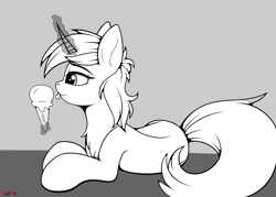Size: 3220x2304 | Tagged: safe, artist:redmn, lyra heartstrings, pony, unicorn, g4, female, food, high res, ice cream, magic, mare, monochrome, prone, simple background, solo, telekinesis, tongue out
