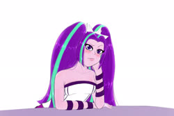 Size: 3000x2000 | Tagged: safe, artist:albertbm, aria blaze, equestria girls, g4, bare shoulders, blushing, doodle, high res, looking at you, simple background, sleeveless, smiling, solo, strapless, white background