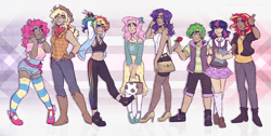 Size: 4960x2500 | Tagged: safe, artist:monnarcha, applejack, fluttershy, pinkie pie, rainbow dash, rarity, spike, sunset shimmer, twilight sparkle, human, g4, alternate hairstyle, applejack's hat, armpits, ball, belly button, belt, book, clothes, converse, cowboy hat, dark skin, dress, ear piercing, earring, eyeshadow, fingerless gloves, flannel, flower, gloves, hat, high heels, hoodie, humanized, implied shipping, implied sparity, implied straight, jewelry, makeup, mane seven, mane six, midriff, pants, piercing, ponytail, rose, scarf, shoes, shorts, simple background, skirt, sleeveless, sleeveless hoodie, smiling, socks, sports bra, stetson, stockings, straw in mouth, striped socks, sweatpants, thigh highs, white background