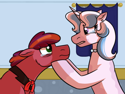 Size: 1032x774 | Tagged: safe, artist:allybacat, artist:kindheart525, oc, oc only, oc:discovery, oc:primrose, earth pony, pony, unicorn, kindverse, coat markings, ear piercing, earring, female, husband and wife, jewelry, looking at each other, male, mare, necklace, oc x oc, offspring, parent:big macintosh, parent:cheerilee, parent:fancypants, parent:fleur-de-lis, parents:cheerimac, parents:fancyfleur, pearl necklace, piercing, pinto, shipping, stallion, story in the source, story included
