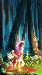 Size: 2160x3840 | Tagged: safe, artist:zvn, fluttershy, pegasus, pony, g4, female, forest, high res, outdoors, rain, scenery, solo, wing umbrella