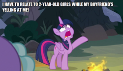 Size: 850x494 | Tagged: safe, edit, edited screencap, screencap, cozy glow, queen chrysalis, twilight sparkle, alicorn, changeling, earth pony, pony, frenemies (episode), g4, caption, child, disguise, disguised changeling, image macro, little girl, mockery, text, the pathetic princess thing, twilight sparkle (alicorn)