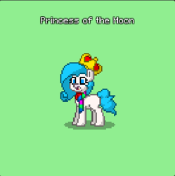 Size: 419x421 | Tagged: safe, artist:falcodash107, oc, oc only, pony, pony town, 8-bit, blue mane, clothes, crown, happy, jewelry, long mane, pixel art, princess, regalia, scarf, short tail, simple background, smiling, standing, white