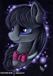 Size: 1600x2264 | Tagged: safe, artist:julunis14, octavia melody, earth pony, pony, g4, black background, commission, female, mare, necktie, signature, simple background, smiling, solo