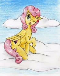 Size: 2198x2785 | Tagged: safe, artist:40kponyguy, derpibooru exclusive, strawberry sunrise, pegasus, pony, g4, cloud, cute, ear fluff, female, high res, looking at you, one eye closed, raised hoof, requested art, sitting, solo, tongue out, traditional art