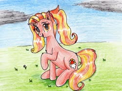 Size: 2607x1963 | Tagged: safe, artist:40kponyguy, derpibooru exclusive, luster dawn, pony, unicorn, g4, ear fluff, female, grass, looking at you, mare, ponytail, raised hoof, requested art, simple background, solo, traditional art