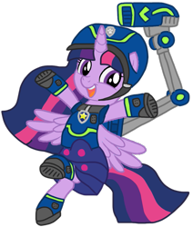 Size: 889x1049 | Tagged: safe, artist:徐詩珮, twilight sparkle, alicorn, pony, series:sprglitemplight diary, series:sprglitemplight life jacket days, series:springshadowdrops diary, series:springshadowdrops life jacket days, g4, alternate universe, base used, chase (paw patrol), clothes, cute, happy, mechanical hands, paw patrol, simple background, spy chase (paw patrol), transparent background, twilight sparkle (alicorn)