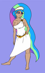 Size: 611x1000 | Tagged: safe, artist:slamjam, princess celestia, human, g4, bare shoulders, barefoot, breasts, cleavage, clothes, feet, female, hand on hip, humanized, solo, toga