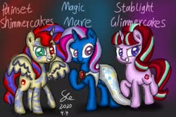 Size: 2395x1600 | Tagged: safe, artist:starflashing twinkle, starlight glimmer, sunset shimmer, trixie, oc, oc:stablight glimmercakes, alicorn, pony, unicorn, elements of insanity, g4, antagonist, cloak, clothes, evil, evil grin, eye, eyes, female, gem, grin, hat, heterochromia, hooves, magic mare, mare, multicolored eyes, painset shimmercakes, s5 starlight, shadow, smiling, stars, tail, tomboy, villainess, wings