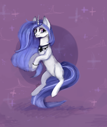 Size: 1782x2112 | Tagged: safe, artist:ske, oc, oc only, pony, unicorn, abstract background, bipedal, cross, curved horn, horn, looking at you, monochrome, smiling, solo, three quarter view