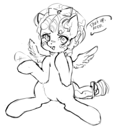 Size: 506x531 | Tagged: safe, artist:anonymous, cozy glow, pegasus, pony, g4, 4chan, cozybetes, cute, dialogue, drawthread, female, filly, monochrome, open mouth, sitting, solo, speech bubble, tsundere