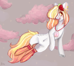 Size: 2912x2612 | Tagged: safe, artist:ske, oc, oc only, earth pony, pony, belly button, clothes, ear fluff, freckles, hair accessory, hair over one eye, high res, open mouth, smiling, socks, solo