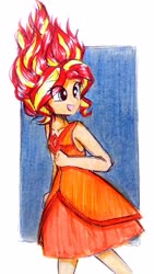 Size: 2146x3816 | Tagged: safe, artist:liaaqila, sunset shimmer, equestria girls, g4, adventure time, alternate hairstyle, clothes, dress, eye clipping through hair, female, fiery shimmer, fire, flame princess, high res, male, smiling, solo, traditional art