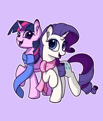 Size: 2200x2600 | Tagged: safe, artist:lollipony, artist:sadtrooper, rarity, twilight sparkle, alicorn, pony, unicorn, g4, clothes, duo, duo female, female, gray background, high res, lesbian, mare, open mouth, outline, scarf, ship:rarilight, shipping, simple background, smiling, twilight sparkle (alicorn), white outline