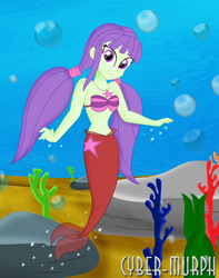 Size: 1632x2071 | Tagged: safe, artist:cyber-murph, starlight, mermaid, equestria girls, g4, background human, belly, belly button, coral, cute, cutie mark necklace, jewelry, mermaidized, midriff, necklace, pigtails, rock, seashell bra, seaweed, species swap, twintails, underwater