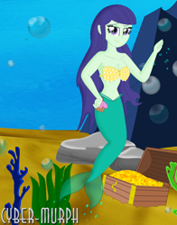 Size: 1616x2060 | Tagged: safe, artist:cyber-murph, blueberry cake, mermaid, equestria girls, g4, background human, belly, belly button, breasts, busty blueberry cake, cleavage, coral, cute, hand on hip, lidded eyes, mermaidized, midriff, rock, seashell bra, seaweed, species swap, underwater