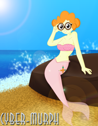 Size: 1984x2552 | Tagged: safe, artist:cyber-murph, scribble dee, mermaid, equestria girls, g4, background human, belly, belly button, cute, glasses, mermaidized, midriff, nerd, rock, scales, scribblebetes, sitting, species swap, tube top