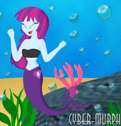 Size: 2217x2304 | Tagged: safe, artist:cyber-murph, mystery mint, mermaid, equestria girls, g4, background human, belly, belly button, coral, cute, eyes closed, high res, mermaidized, midriff, rock, seaweed, species swap, underwater
