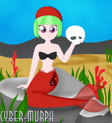 Size: 2736x3000 | Tagged: safe, artist:cyber-murph, drama letter, watermelody, mermaid, equestria girls, g4, background human, belly, belly button, beret, coral, cute, hat, high res, mermaidized, midriff, rock, seashell bra, seaweed, signature, sitting, skull, species swap, underwater, yorick