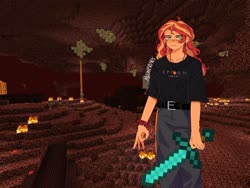 Size: 2048x1536 | Tagged: safe, artist:moonfroyos, sunset shimmer, equestria girls, g4, belt, circle game, clothes, diamond sword, female, minecraft, nether (minecraft), pants, shirt, solo, sword, weapon