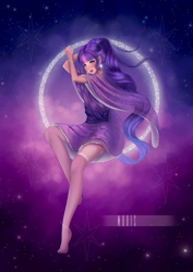 Size: 3508x4961 | Tagged: safe, artist:maris, twilight sparkle, human, g4, chromatic aberration, clothes, cutie mark, cutie mark earrings, cutie mark tattoo, dream, dress, earring, female, humanized, magic, solo, stars, stockings, tattoo, thigh highs