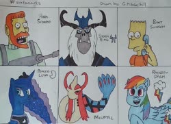 Size: 1173x849 | Tagged: safe, artist:rapidsnap, princess luna, rainbow dash, storm king, alicorn, human, milotic, pegasus, pony, g4, my little pony: the movie, bart simpson, crossover, ethereal mane, female, hank scorpio, male, mare, open mouth, peytral, pokémon, six fanarts, smiling, starry mane, the simpsons, traditional art