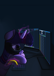 Size: 1200x1686 | Tagged: safe, artist:vultraz, twilight sparkle, pony, unicorn, g4, banana, computer screen, female, food, hacking, keyboard, levitation, magic, mare, ski mask, solo, telekinesis, unicorn twilight