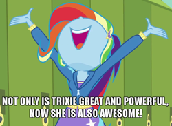 Size: 750x550 | Tagged: safe, edit, edited screencap, screencap, trixie, best trends forever, equestria girls, equestria girls series, g4, awesome, best trends forever: rainbow dash, caption, cropped, female, great and powerful, image macro, meme, multicolored hair, nose in the air, palette swap, rainbow hair, recolor, solo, text