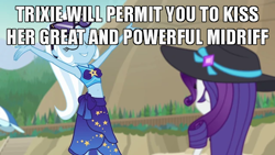 Size: 640x360 | Tagged: safe, rarity, trixie, equestria girls, equestria girls specials, g4, my little pony equestria girls: better together, my little pony equestria girls: forgotten friendship, beanie, belly button, bikini, caption, clothes, hat, image macro, implied rarixie, meme, midriff, sarong, sun hat, sunglasses, swimsuit, text