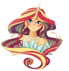 Size: 1280x1331 | Tagged: safe, artist:happypaca, sunset shimmer, equestria girls, g4, bare shoulders, beautiful, blushing, breasts, bust, cleavage, cute, ear piercing, earring, female, horn, horned humanization, jewelry, looking at you, necklace, pearl necklace, piercing, shimmerbetes, simple background, solo, transparent background