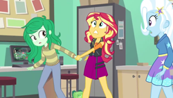 Size: 1280x720 | Tagged: safe, screencap, sunset shimmer, trixie, wallflower blush, equestria girls, equestria girls specials, g4, my little pony equestria girls: better together, my little pony equestria girls: forgotten friendship, canterlot high, classroom, clothes, computer, female, geode of empathy, hoodie, magical geodes, trio, trio female